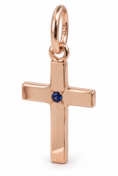 Genuine 9ct 9k 375 Yellow, Rose or White Gold Small Sapphire Cross Tiny Pendant Charm