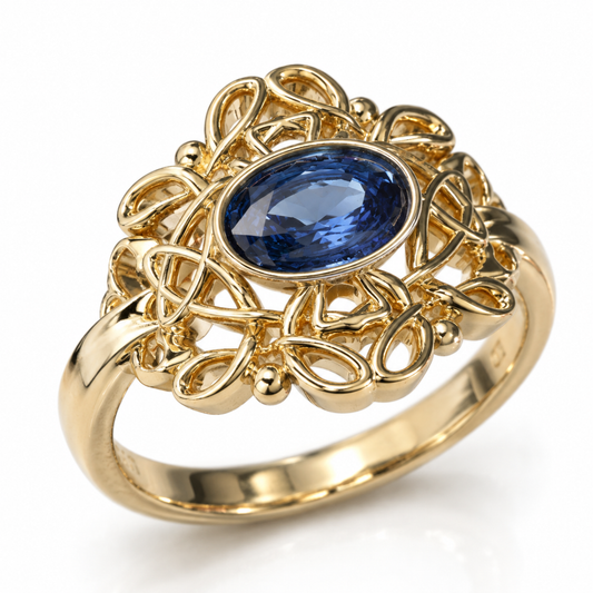 Genuine 9ct 9k 375 Yellow, Rose or White Gold Oval Blue Kyanite Filigree Ring