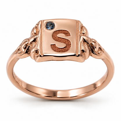 Genuine Solid 9ct 9kt 375 Yellow, Rose or White Gold Signet Ring + Aquamarine + One Initial