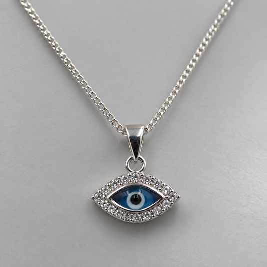 Sterling silver 925 evil eye nazar charm necklace with cubic zirconia halo