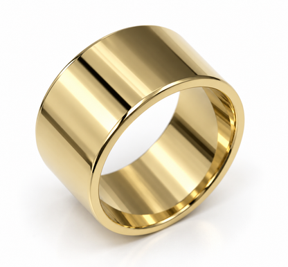 Solid 9ct yellow gold 12mm wide flat cigar band ring, polished finish