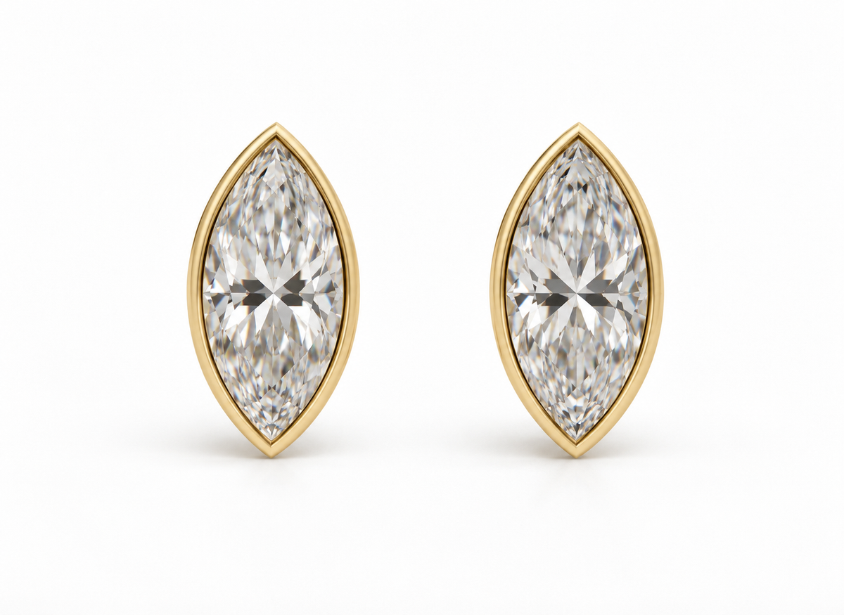 Genuine 9ct Yellow, Rose or White Gold 2.00ct Total Diamond Weight Marquise Bezel Set Lab Grown Diamond Stud Earrings