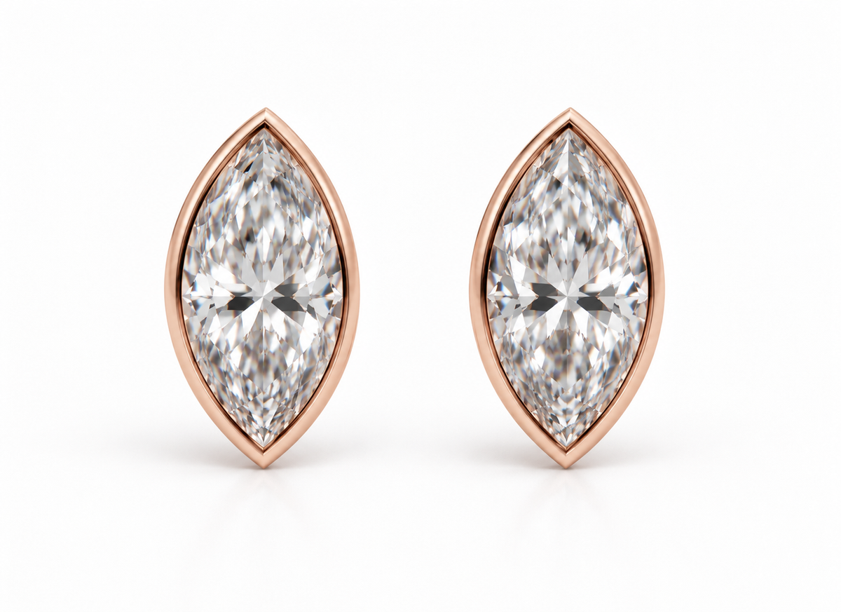 Genuine 9ct Yellow, Rose or White Gold 2.00ct Total Diamond Weight Marquise Bezel Set Lab Grown Diamond Stud Earrings