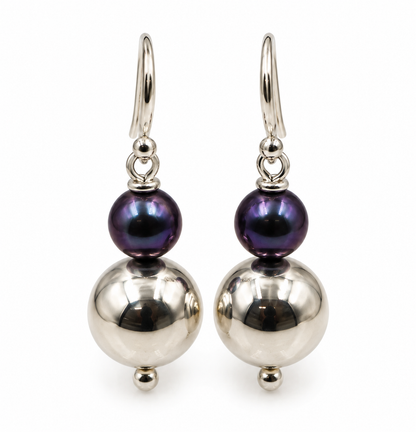Sterling Silver Ball 7mm Freshwater Black Pearl Ball Earrings