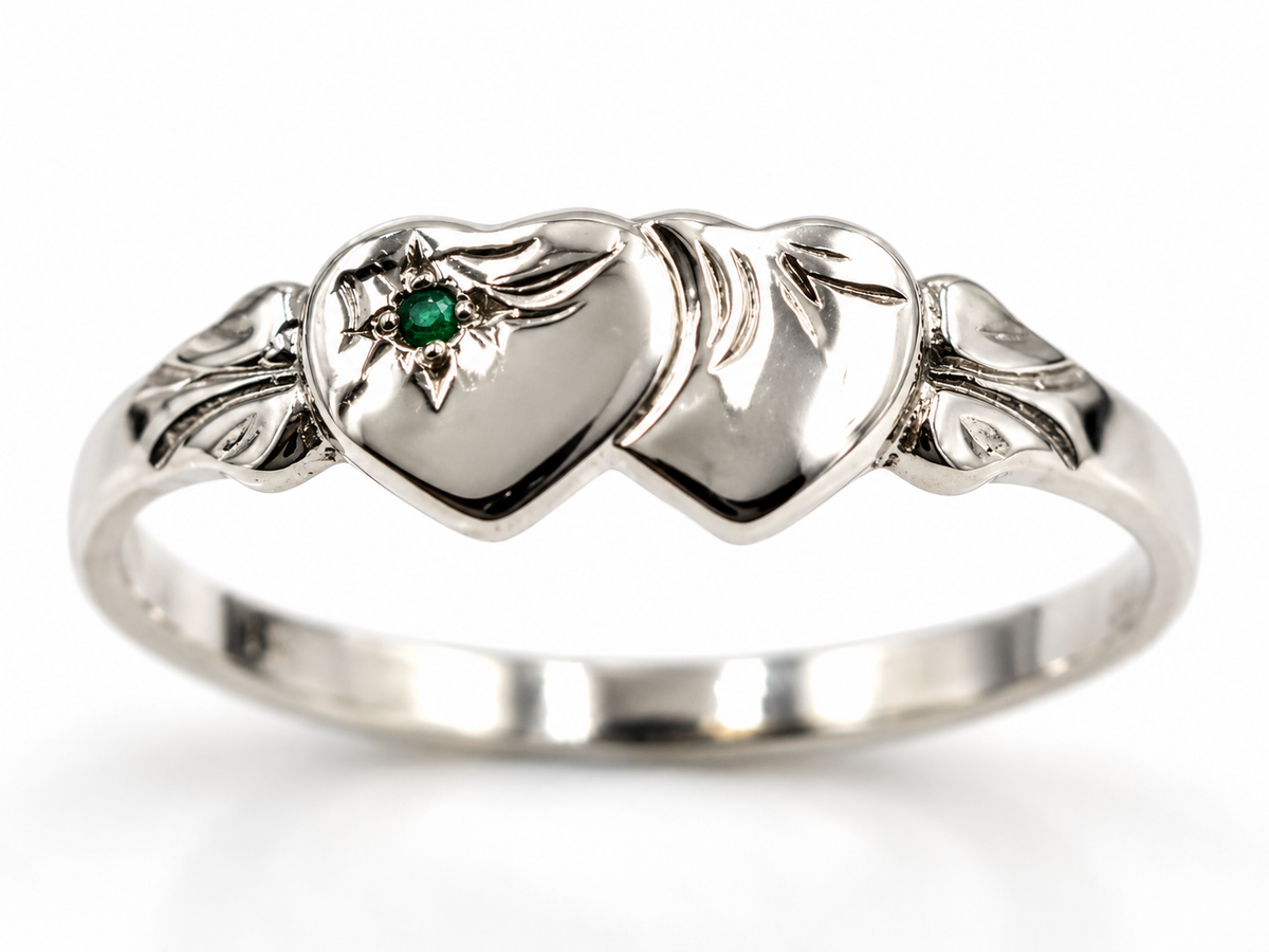 Solid New Sterling Silver Double Heart Signet Ring Emerald Set