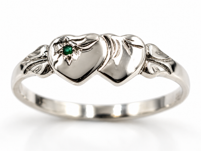 Solid New Sterling Silver Double Heart Signet Ring Emerald Set