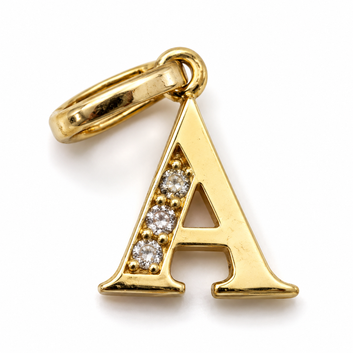 9ct yellow gold initial A pendant charm with three clear cubic zirconias