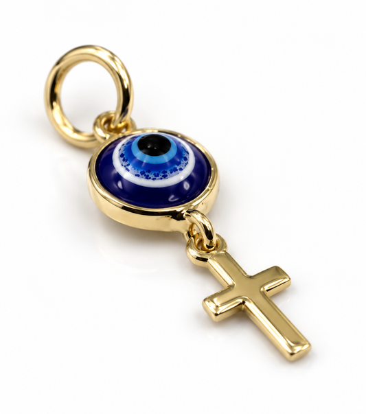 9ct Gold Greek Mati Nazar Evil Eye & Cross Pendant or Charm – 7mm