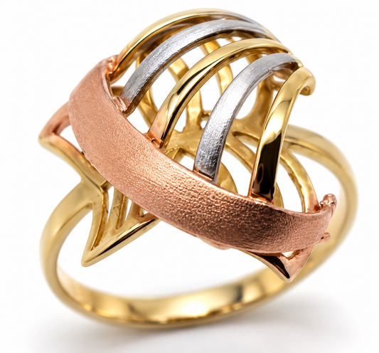 Size P, Genuine 18ct 750 Rose Yellow & White Gold Dress 3 Tone Ring