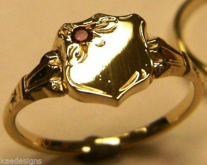 Size L 1/2 Genuine 9ct Small Yellow, Rose or White Gold Childs Ruby Shield Signet Ring