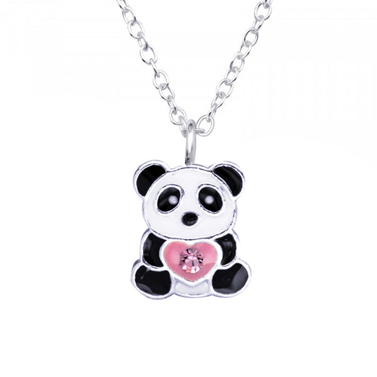 Sterling Silver 925 Black/White Enamel Panda with Pink Heart + Crystal