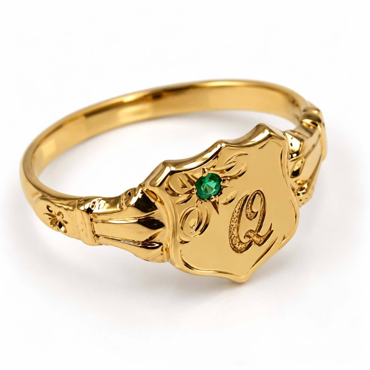 9ct Gold Emerald Shield Signet Ring – Yellow, Rose or White Gold - Choose your ring size H to P