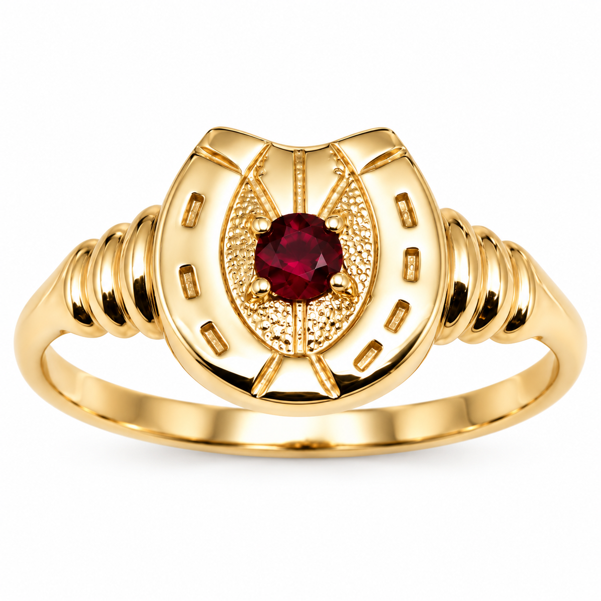 Genuine 9ct 9k 375 Gold Ruby Set Lucky Horseshoe Ring | Yellow, Rose or White Gold | Ring Sizes H–P
