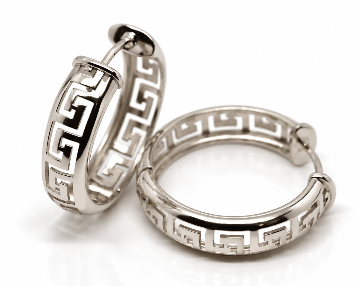 Heavy Solid Large 18ct 750 Yellow, Rose Or White Gold Greek Key Hoop Earrings