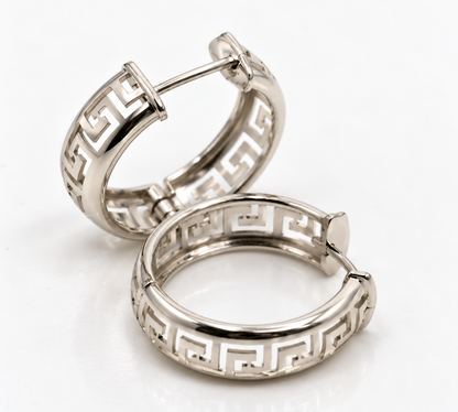 Genuine Heavy Solid 18ct 18K 750 Yellow, Rose or White Gold Greek Key Hoop Earrings