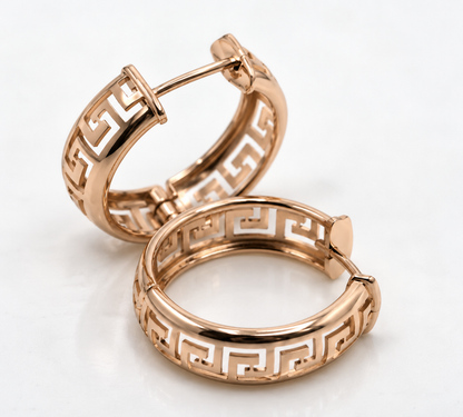 Genuine Heavy Solid 18ct 18K 750 Yellow, Rose or White Gold Greek Key Hoop Earrings
