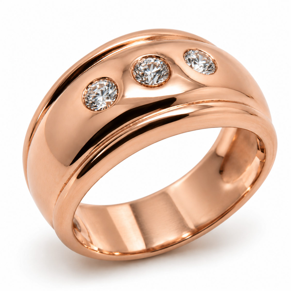 Genuine 9ct 375 Full Solid Yellow, Rose or White Gold Lab Grown Three Diamonds Thick Dome Ring 10mm Wide