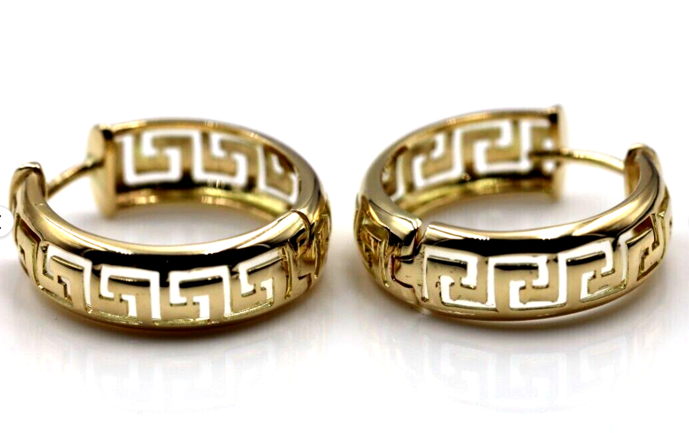 Genuine Heavy Solid Medium / Small 18ct 750 Yellow, Rose or White Gold Greek Key Hoop Earrings