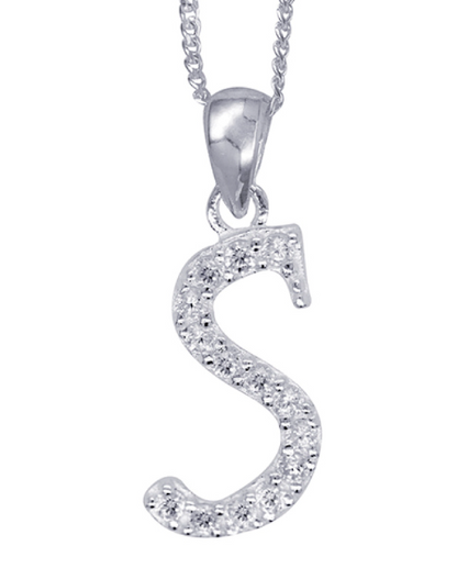 Sterling Silver Cubic Zirconia Initial Pendants A to Z with 45cm + 5cm Extender Chain