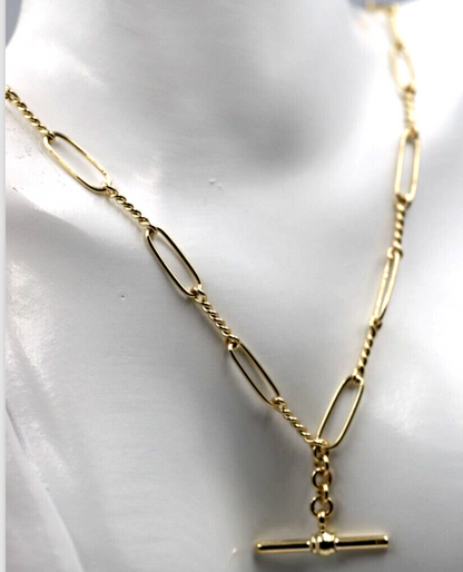 Genuine New Handmade PaperClip 9ct Yellow, Rose or White Gold Paper Clip Chain Necklace with T-Bar