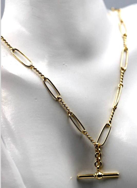 Genuine New Handmade PaperClip 9ct Yellow, Rose or White Gold Paper Clip Chain Necklace with T-Bar