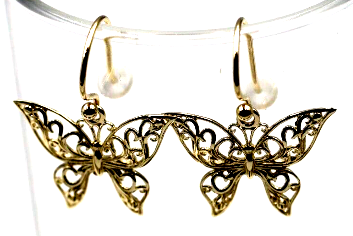 Genuine 9ct Yellow, Rose or White Gold Filigree Butterfly Drop Earrings