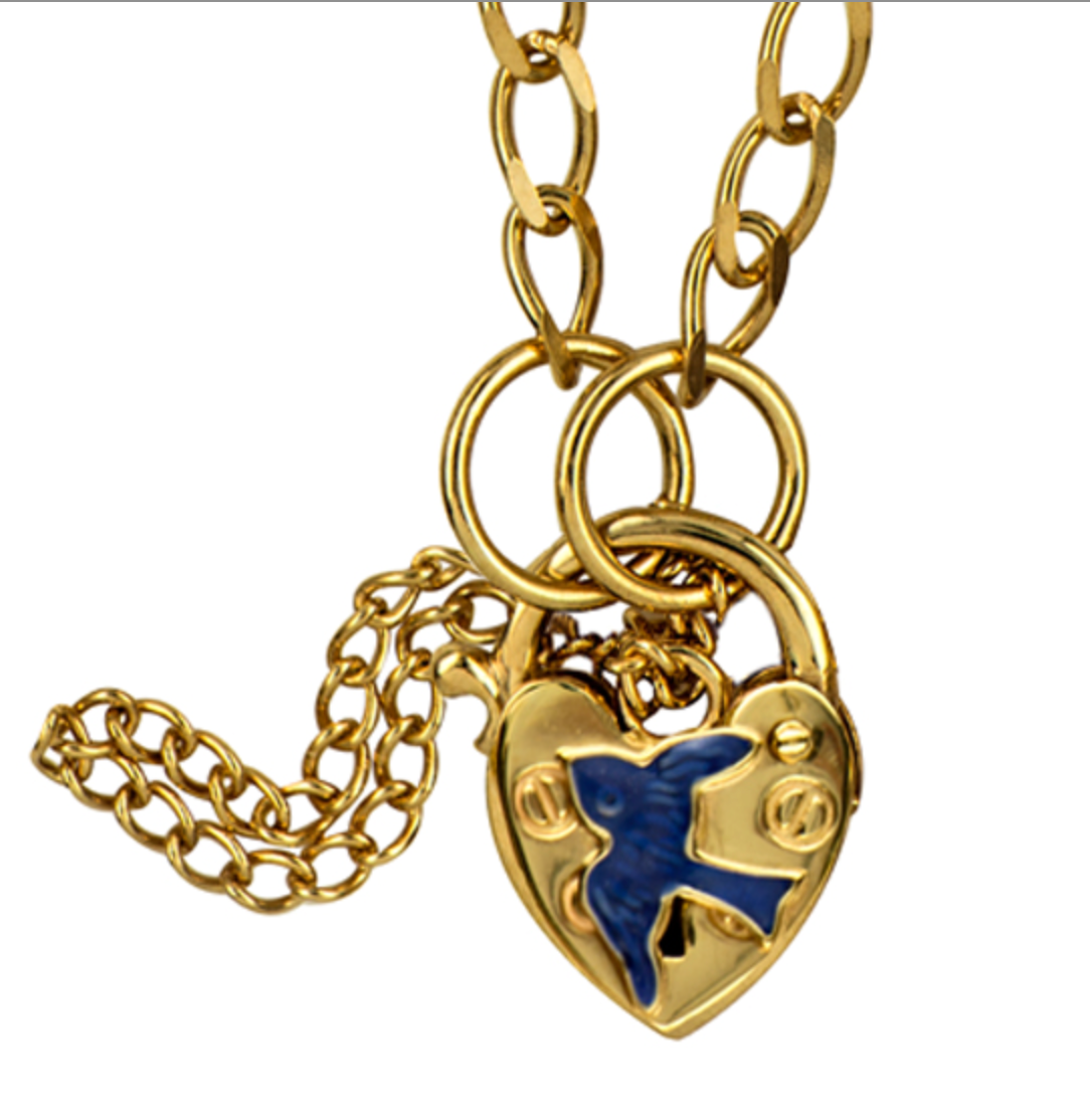 Genuine 9ct Yellow Gold ID Figaro Child Bracelet Heart Padlock Blue Bird