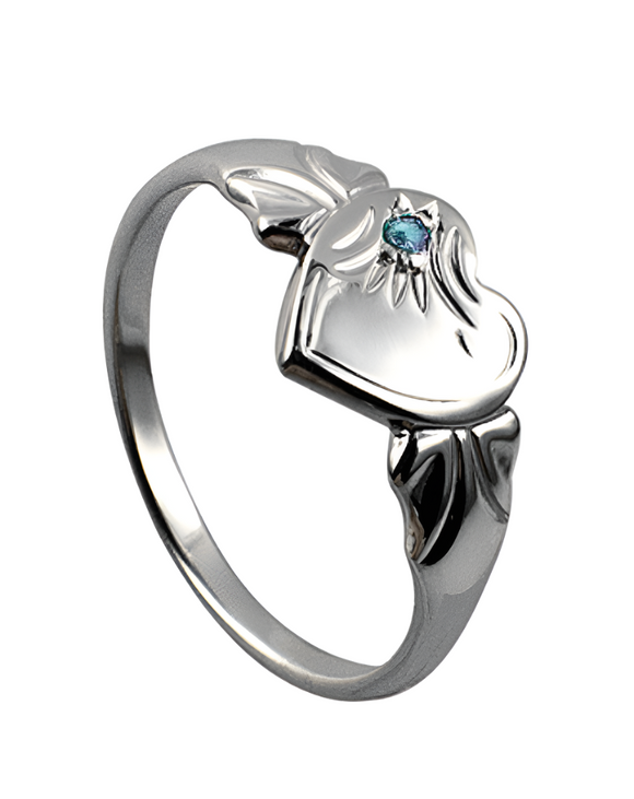 Sterling Silver 925 March Birthstone Heart Signet Ring +Aquamarine CZ