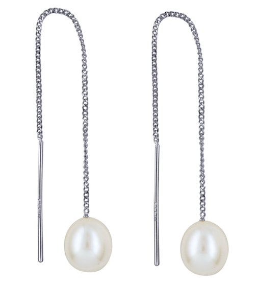 Sterling Silver 925 Freshwater Cultured Oval Pearl Thread Earrings