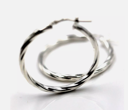 Sterling Silver 925 34mm Large Round 3mm tube Twist Hoop Earrings