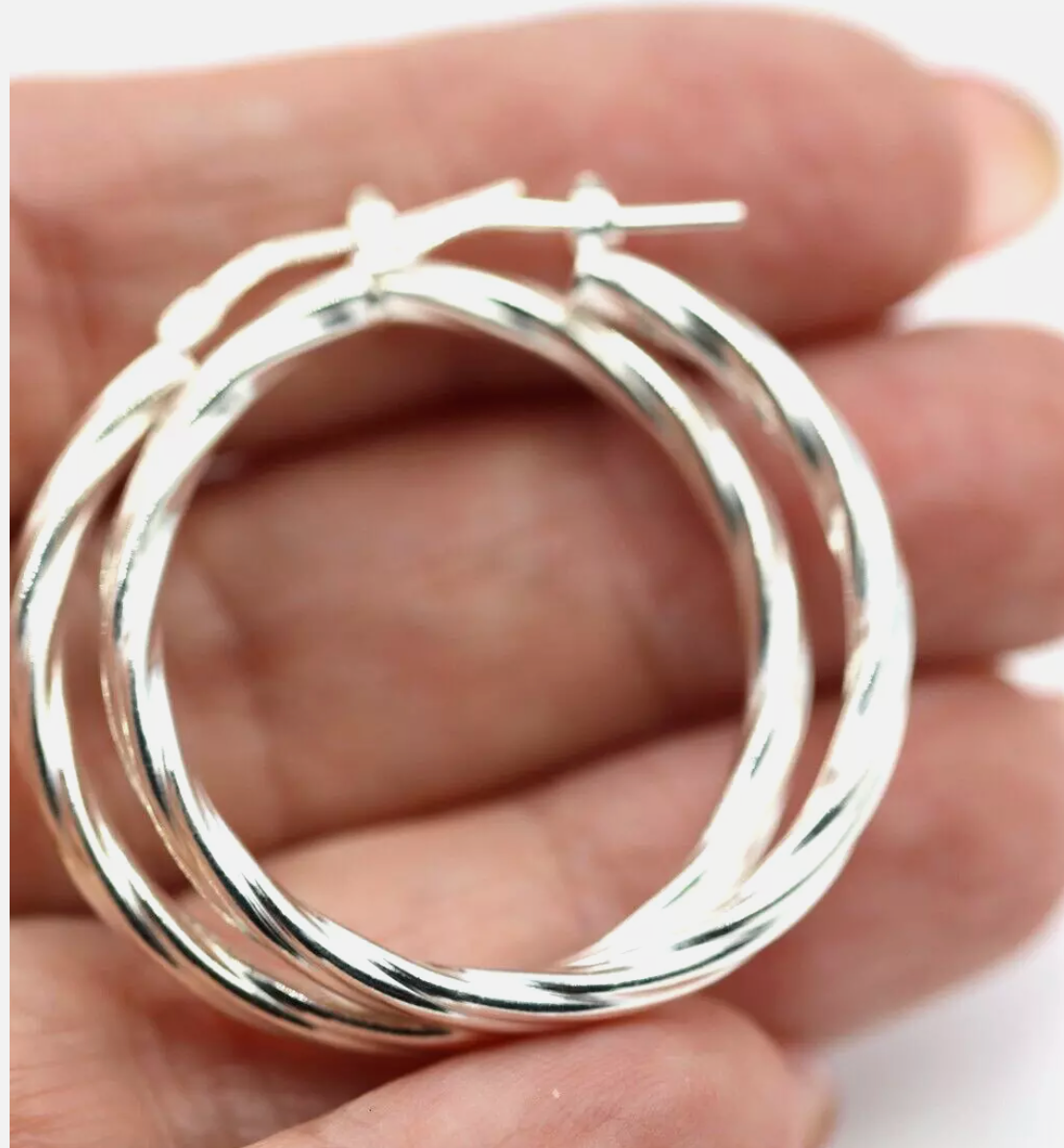 Sterling Silver 925 34mm Large Round 3mm tube Twist Hoop Earrings