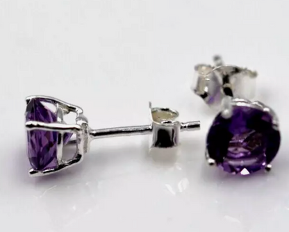 Genuine Sterling Silver 925 7mm Natural Amethyst Stud Earrings