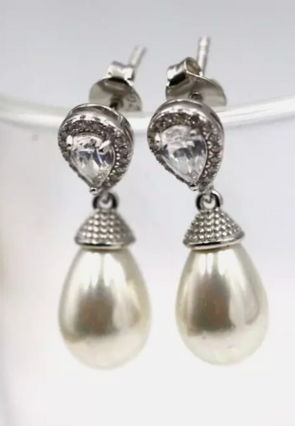 Sterling Silver 925 CZ-Set Shell Pearl Drop Post Earrings