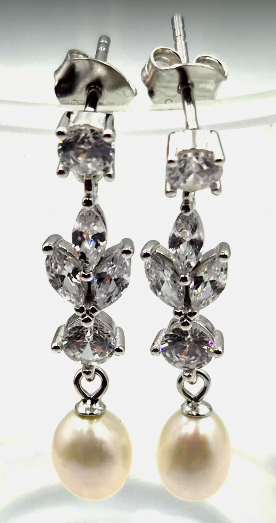 Sterling Silver CZ-Set Shell Pearl Drop Post Chandelier Earrings