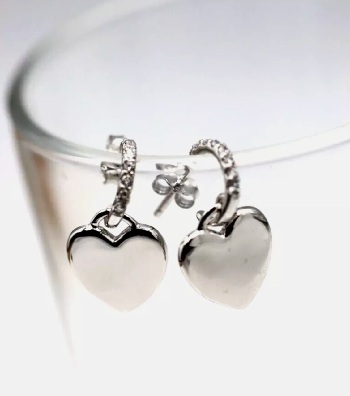 Sterling Silver 925 CZ-Set Heart Charm Post Stud Hoop Earrings