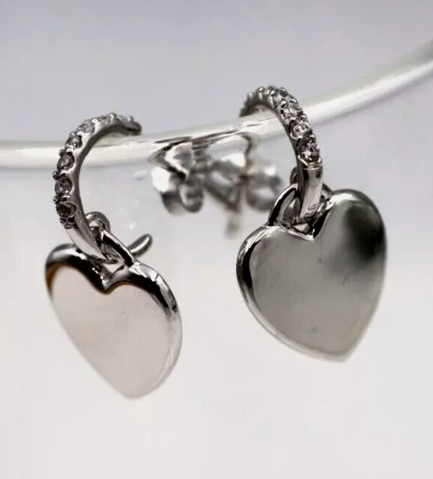 Sterling Silver 925 CZ-Set Heart Charm Post Stud Hoop Earrings