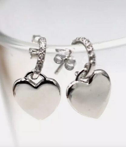 Sterling Silver 925 CZ-Set Heart Charm Post Stud Hoop Earrings