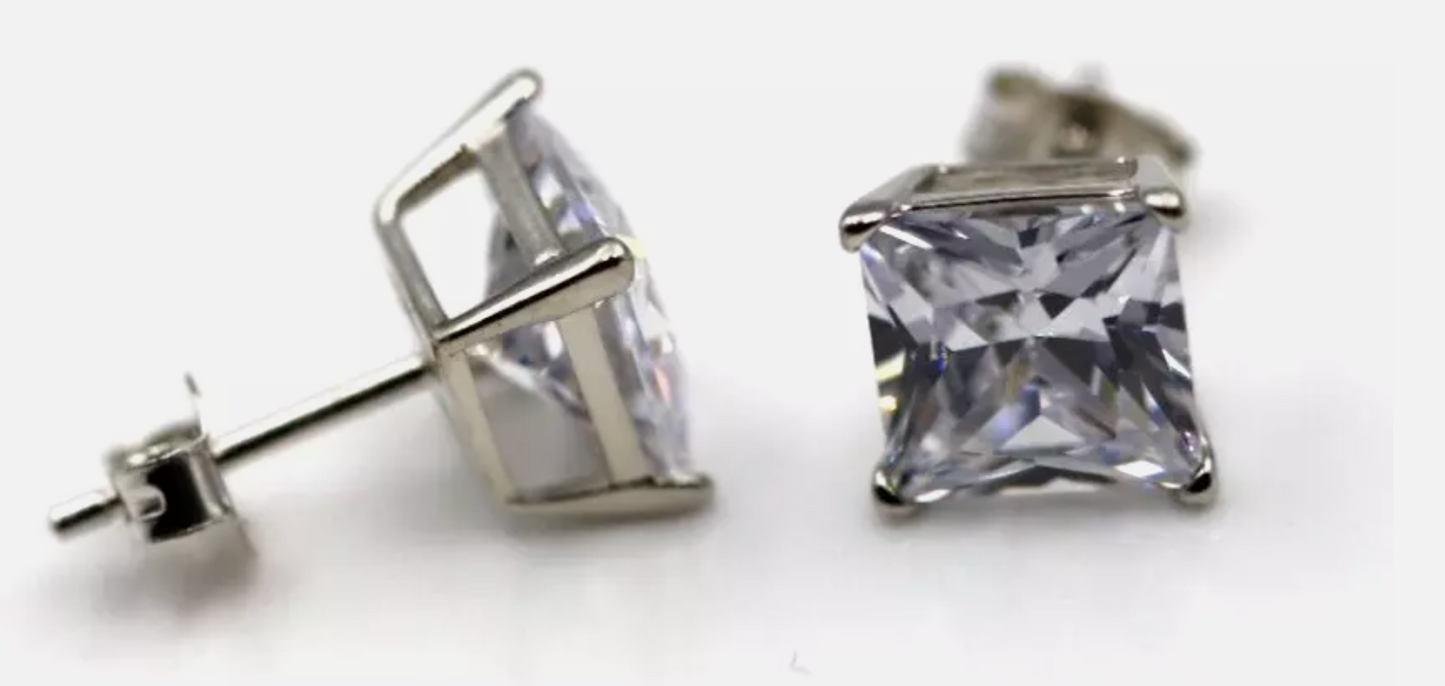 Sterling Silver 925 Cubic Zirconia 8mm Square Set Cut Studs Earrings