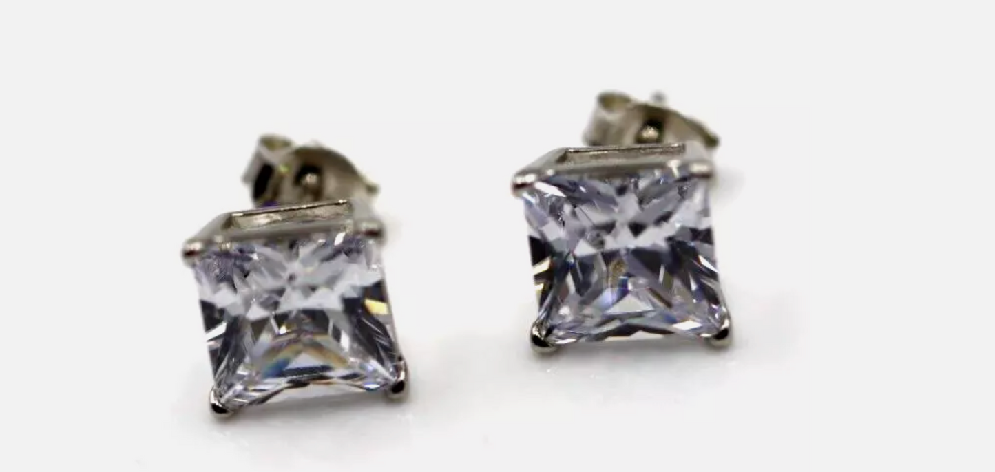 Sterling Silver 925 Cubic Zirconia 8mm Square Set Cut Studs Earrings