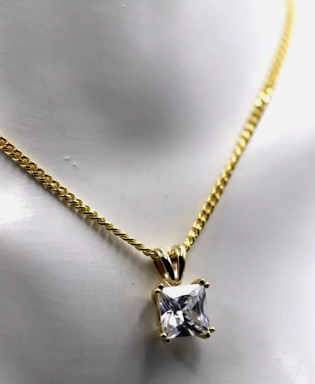 Genuine 9ct Yellow Gold White Cubic Zirconia Square Pendant + Sterling Silver Triple Gold Plated Chain