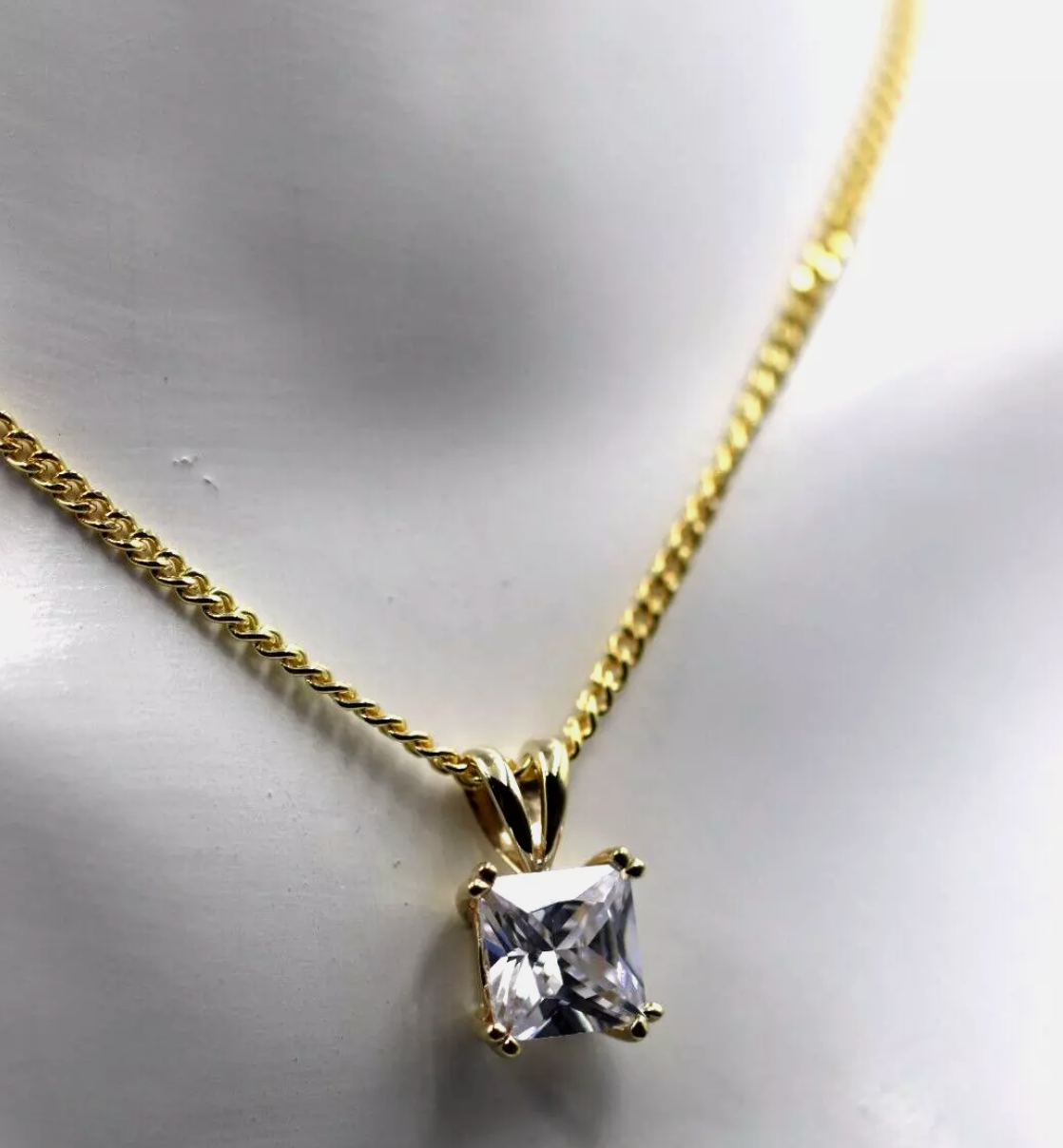 Genuine 9ct Yellow Gold White Cubic Zirconia Square Pendant + Sterling Silver Triple Gold Plated Chain