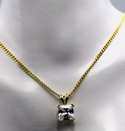 Genuine 9ct Yellow Gold White Cubic Zirconia Square Pendant + Sterling Silver Triple Gold Plated Chain