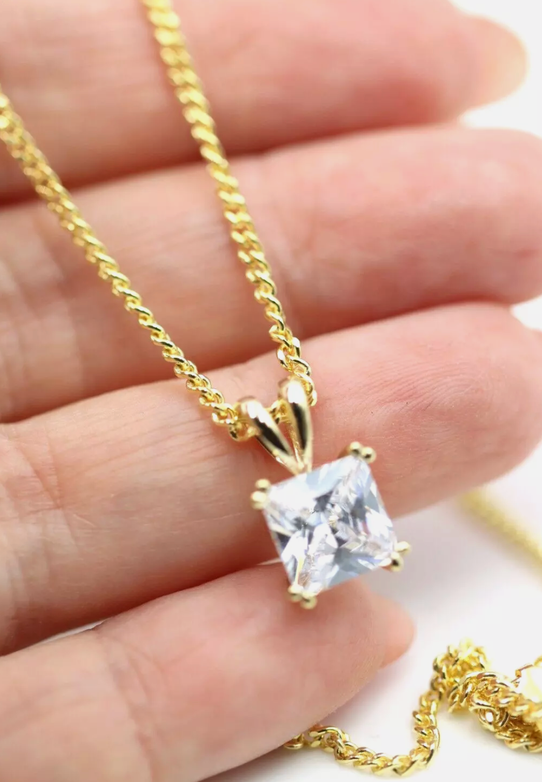 Genuine 9ct Yellow Gold White Cubic Zirconia Square Pendant + Sterling Silver Triple Gold Plated Chain