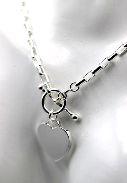 Genuine 45cm, 50cm or 55cm Sterling Silver 925 Cable Link With T-Bar And Heart Necklace (Copy)