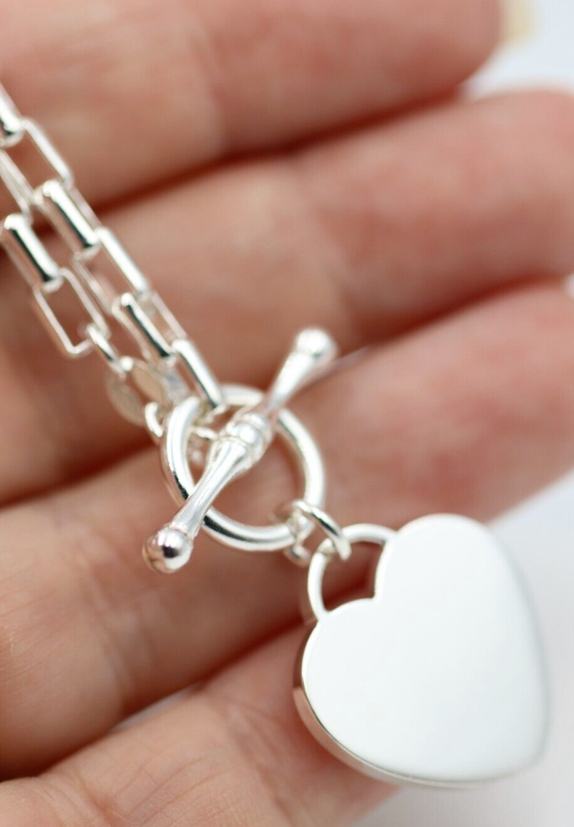 Genuine 45cm, 50cm or 55cm Sterling Silver 925 Cable Link With T-Bar And Heart Necklace (Copy)