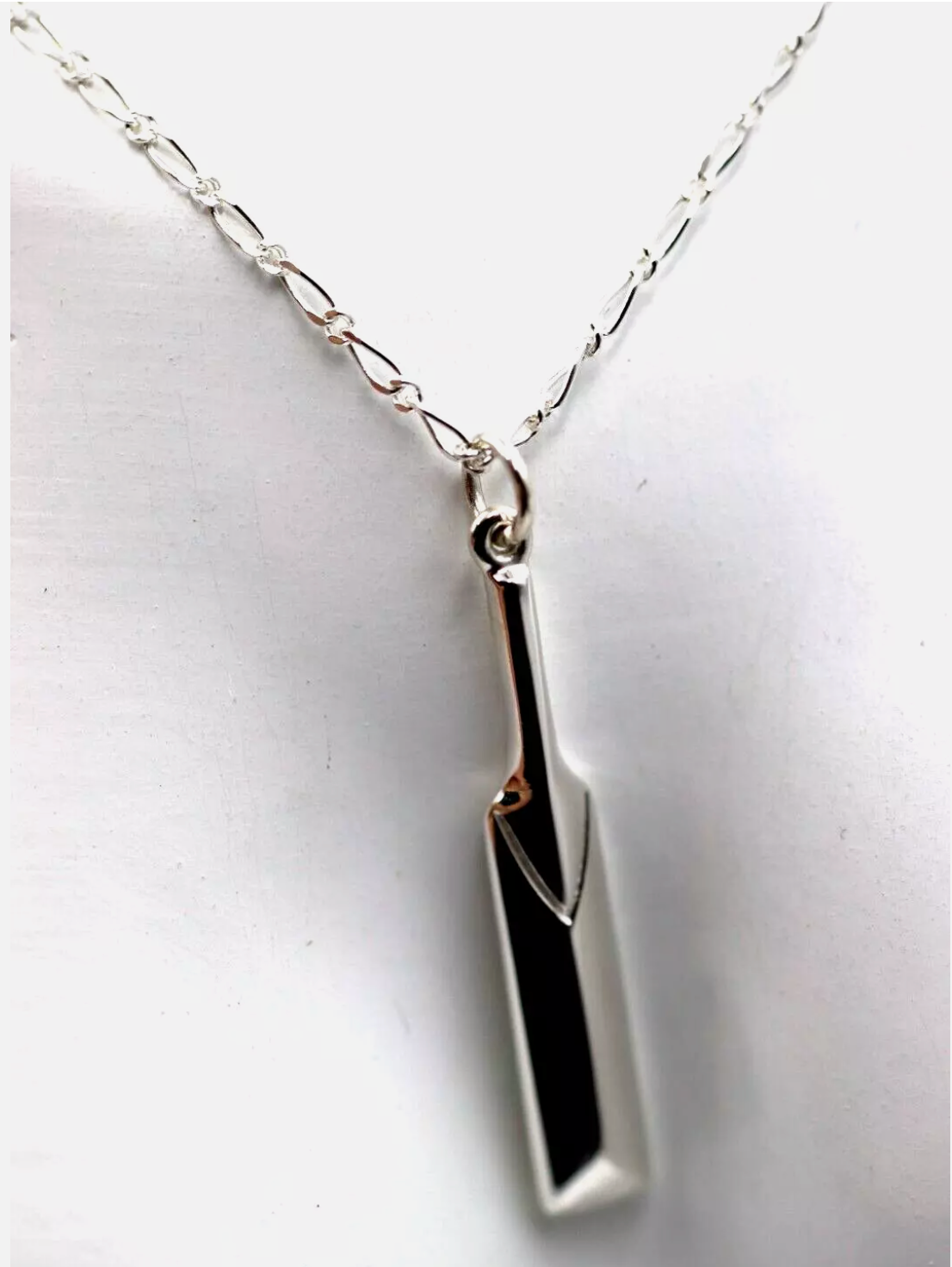 Large Sterling Silver Solid Cricket Bat Pendant / Charm + Figaro Necklace Chain