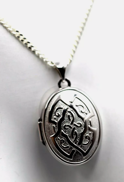 Sterling Silver 925 Oval Celtic Locket Pendant With 2 Photos + Chain Necklace