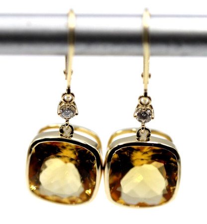 Genuine 9ct Yellow Gold 375 Diamond Cushion Cut Citrine Earrings