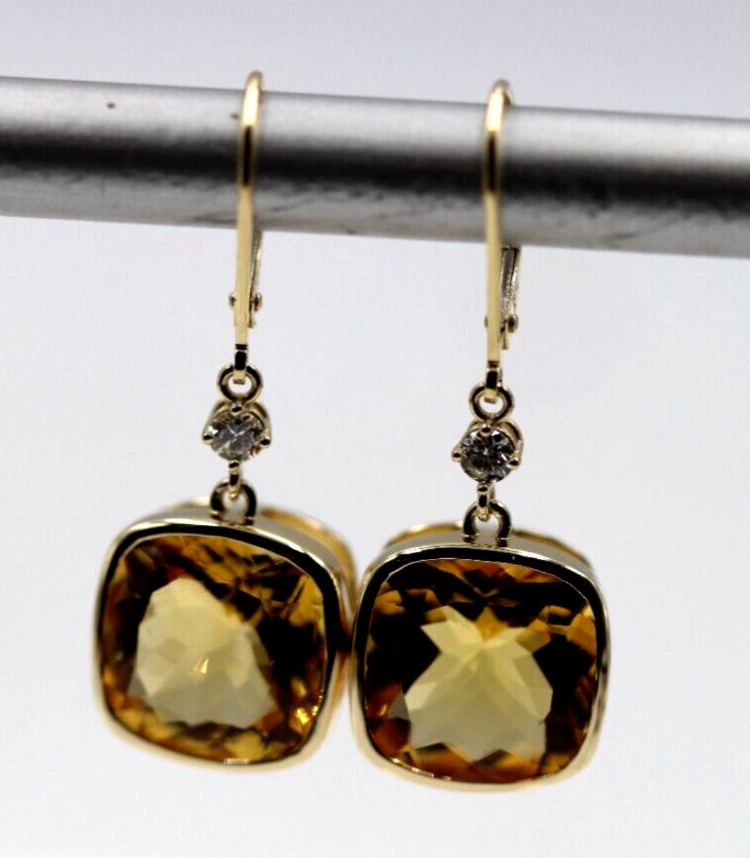 Genuine 9ct Yellow Gold 375 Diamond Cushion Cut Citrine Earrings