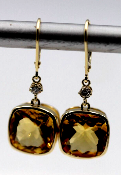 Genuine 9ct Yellow Gold 375 Diamond Cushion Cut Citrine Earrings